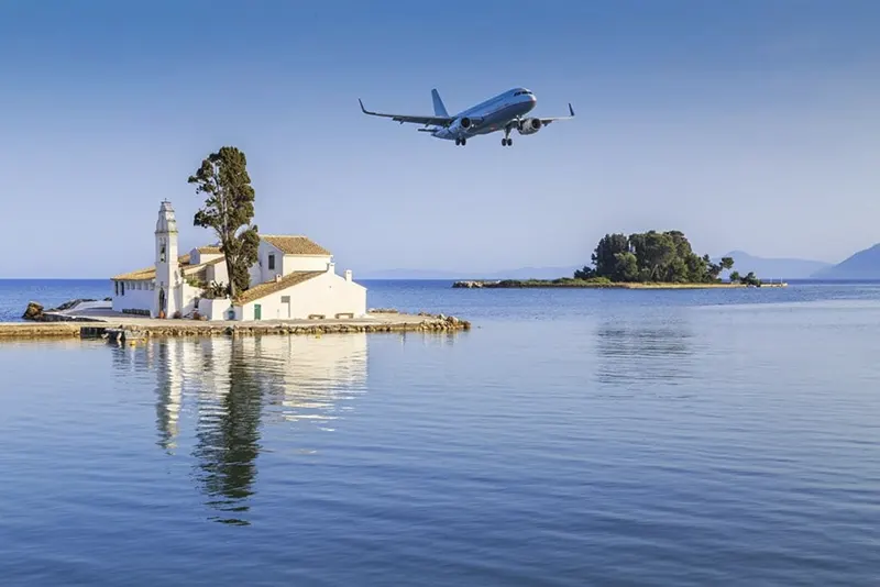 Airplane landing in Corfu airport